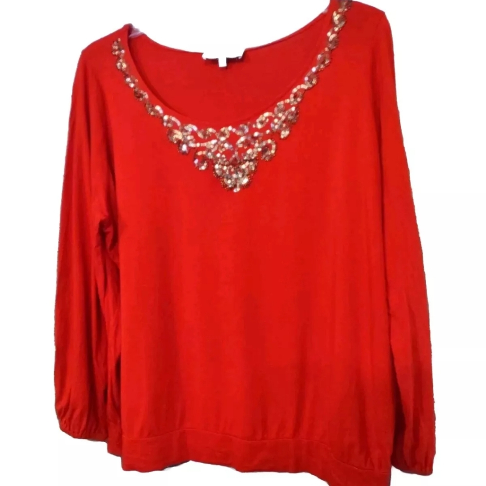 Jones New York Gold Sequined On  Red Blouse Sz 2X  Banded Waist 3/4 Sleeves